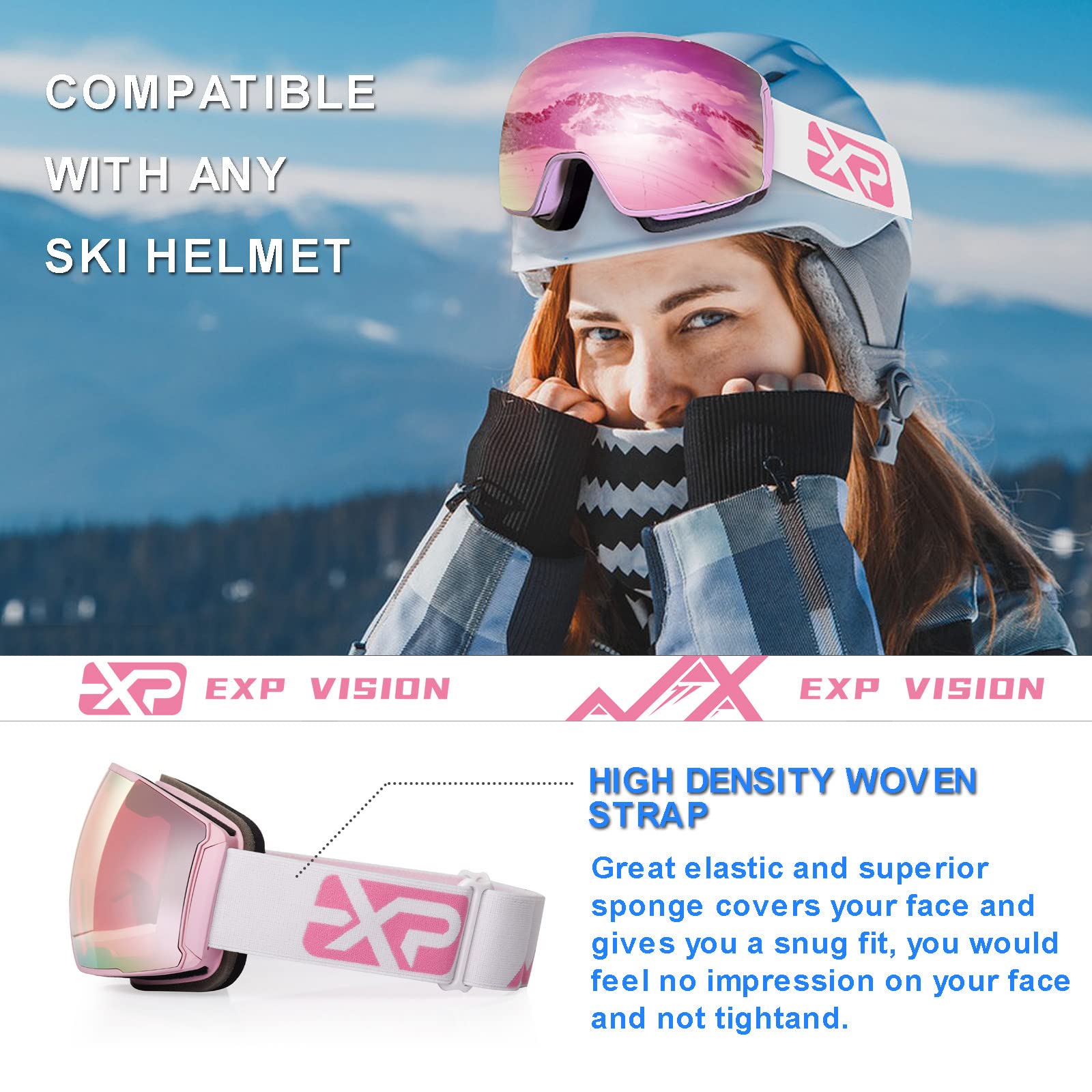 EXP VISION Ski Goggles Anti-Fog Adult Snowboard Goggles with UV Protection, Over The Glasses Snow Goggles