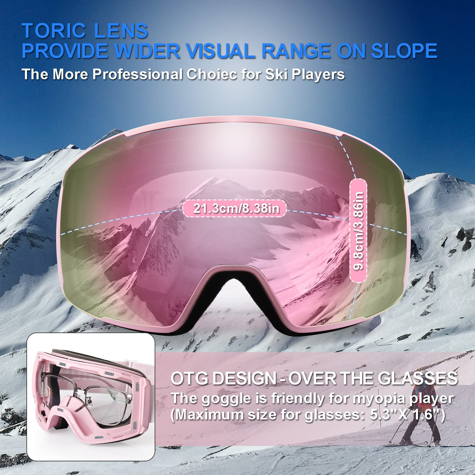 EXP VISION Ski Goggles Anti-Fog Adult Snowboard Goggles with UV Protection, Over The Glasses Snow Goggles