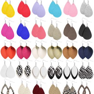 Gushu 28 Pairs Leather Earrings for Women Sets Drop Leather Earrings Multipack Colorful Leaf Teardrop Dangle Earrings Bulk for Women Double-Side Printed