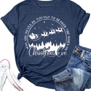 Christmas Reindeer Print Shirts for Women Christmas Eve Cute T Shirts Funny Graphic Tops Casual Blouse(Blue01,M)