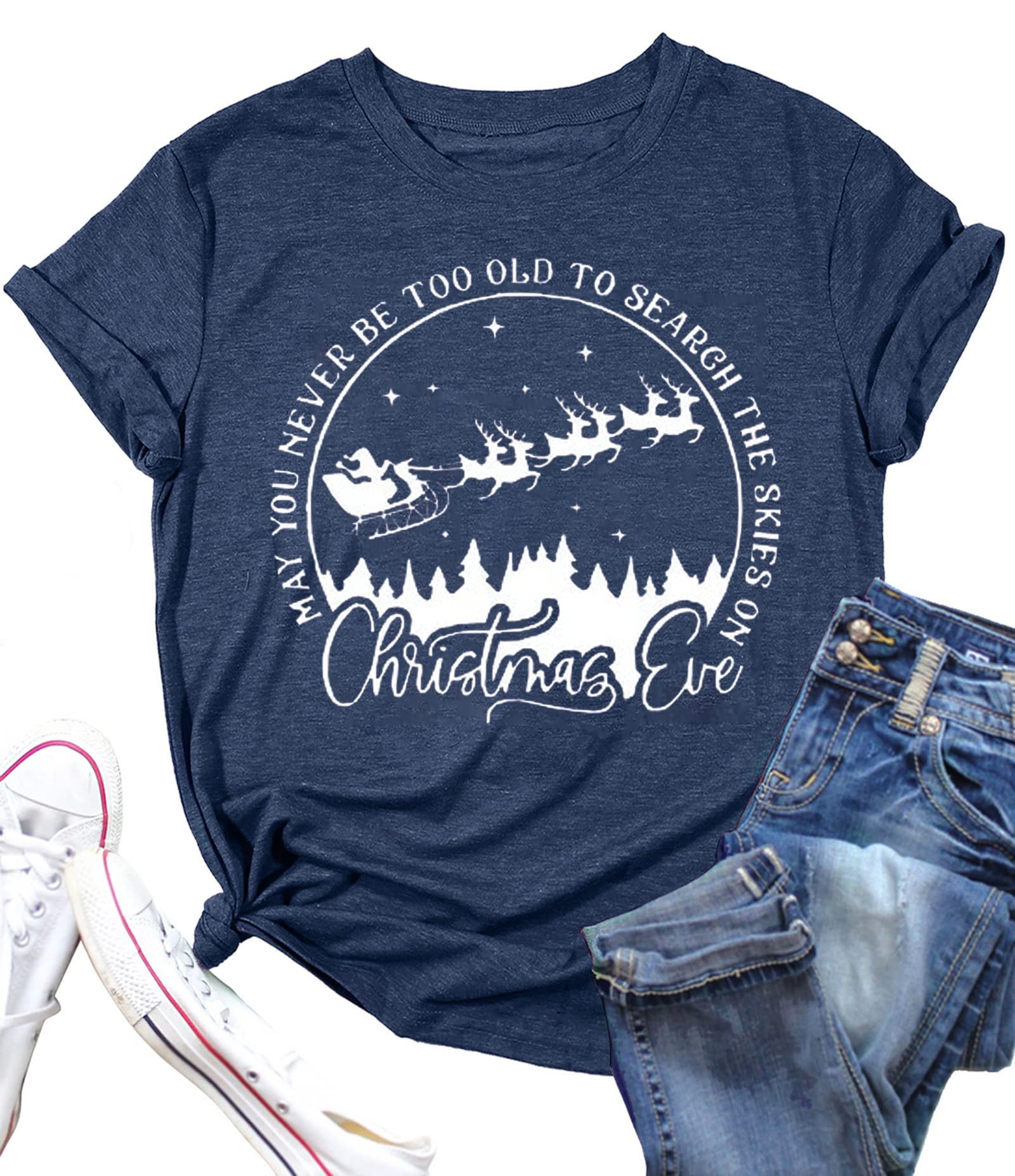 Christmas Reindeer Print Shirts for Women Christmas Eve Cute T Shirts Funny Graphic Tops Casual Blouse(Blue01,M)