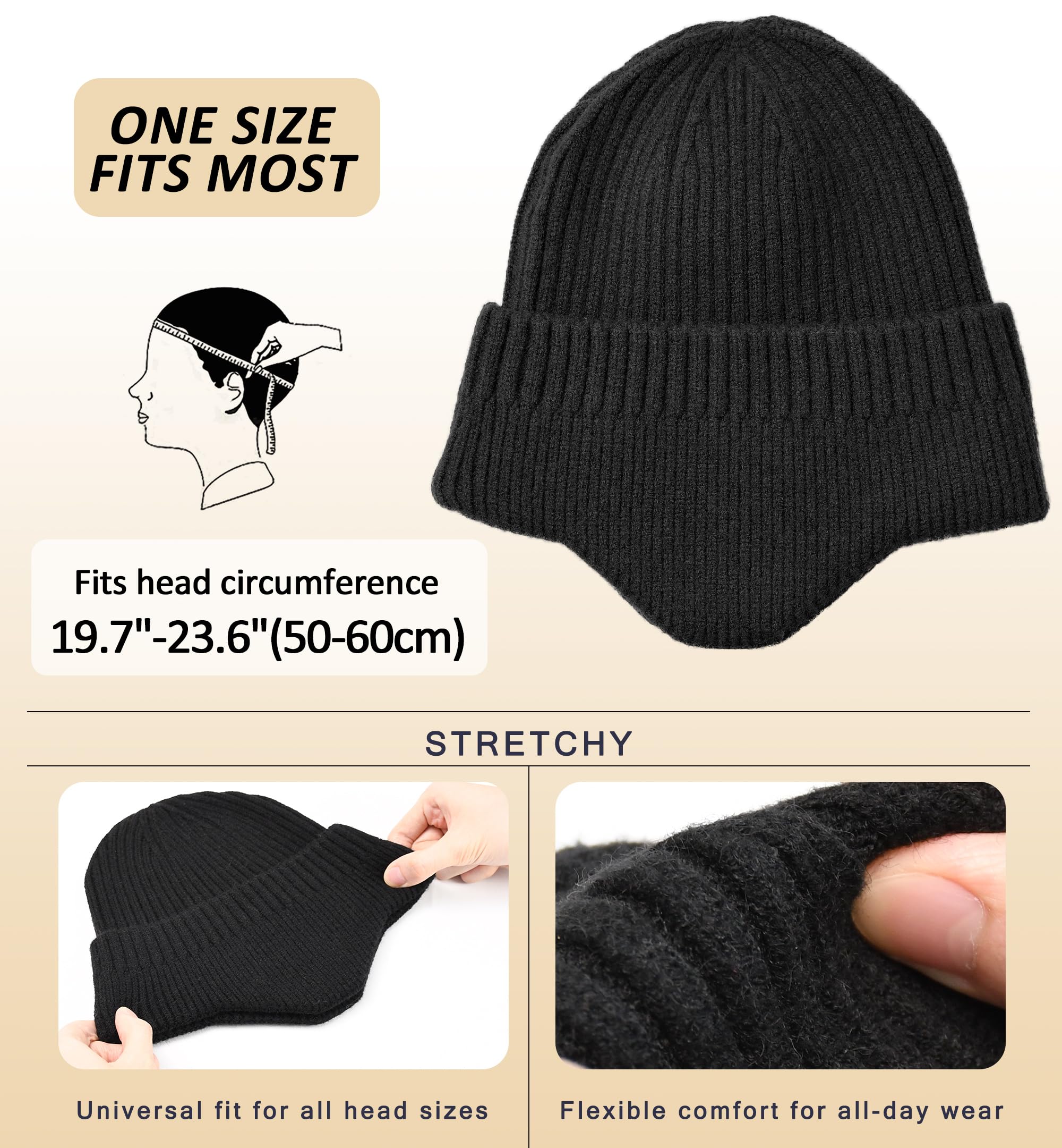 HiRui Knitted Beanie Hats Winter Hats Ear Covers for Men Women Kids Warm Slouchy (Black)