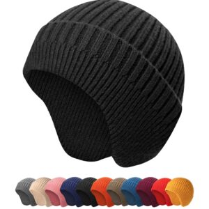 HiRui Knitted Beanie Hats Winter Hats Ear Covers for Men Women Kids Warm Slouchy (Black)