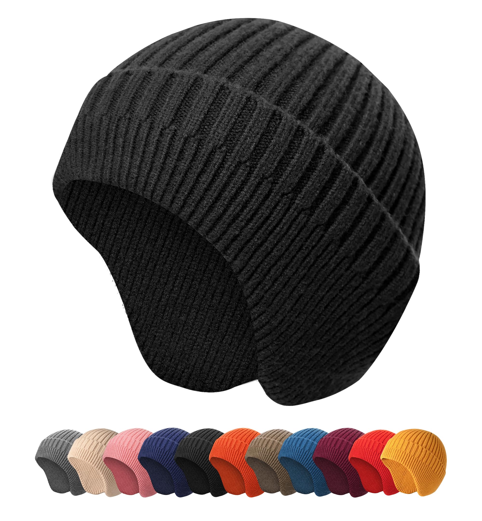 HiRui Knitted Beanie Hats Winter Hats Ear Covers for Men Women Kids Warm Slouchy (Black)