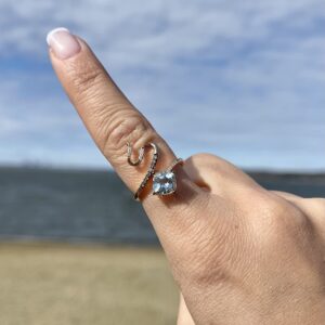 1/10 Carat Diamond and 1 1/5 Carat Cushion Cut Blue Aquamarine Snake Ring for Women in 14k Rose Gold (Fancy Brown/G-H, VS2-SI1, cttw) Promise Anniversary Ring Size 8 by LeVian