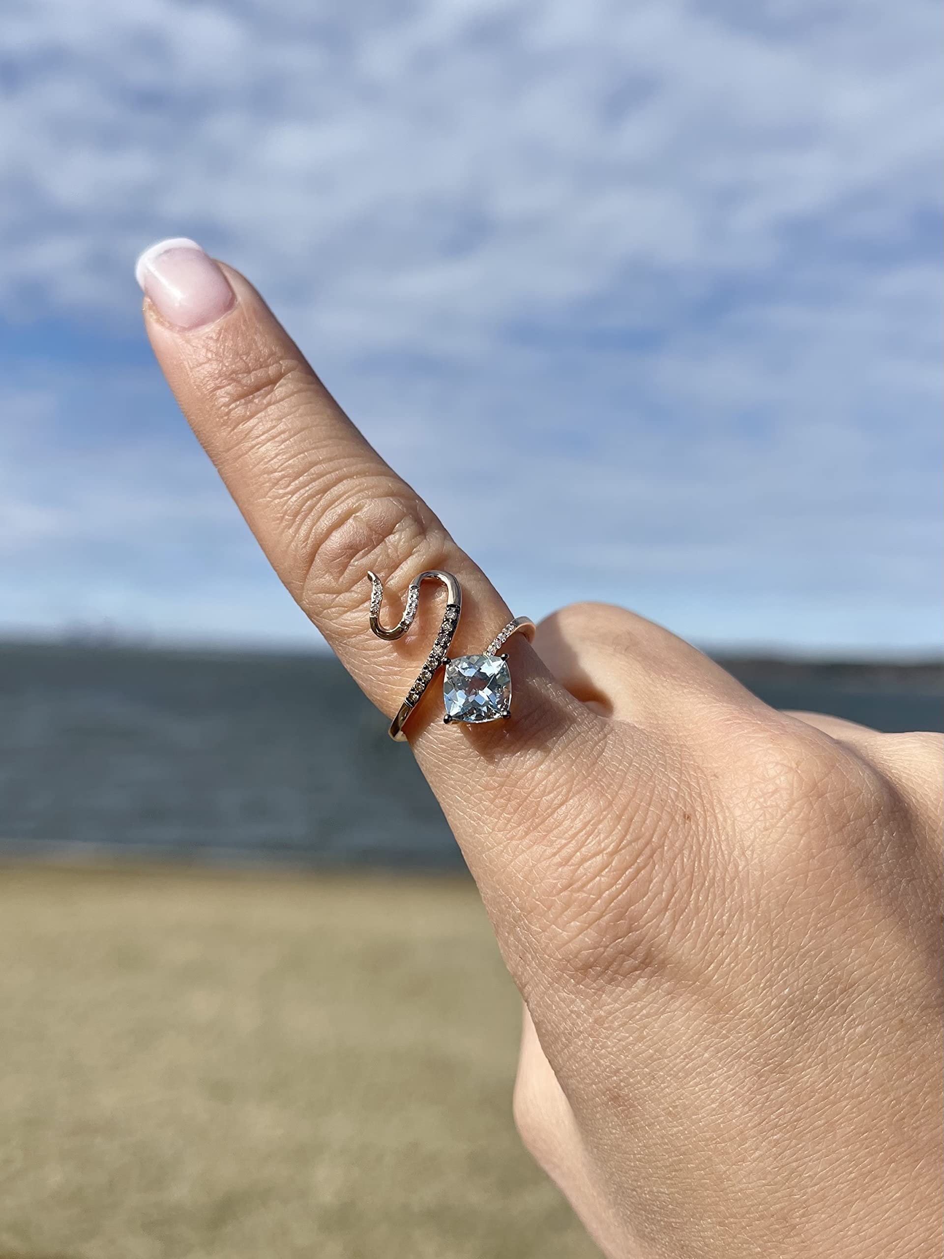 1/10 Carat Diamond and 1 1/5 Carat Cushion Cut Blue Aquamarine Snake Ring for Women in 14k Rose Gold (Fancy Brown/G-H, VS2-SI1, cttw) Promise Anniversary Ring Size 8 by LeVian