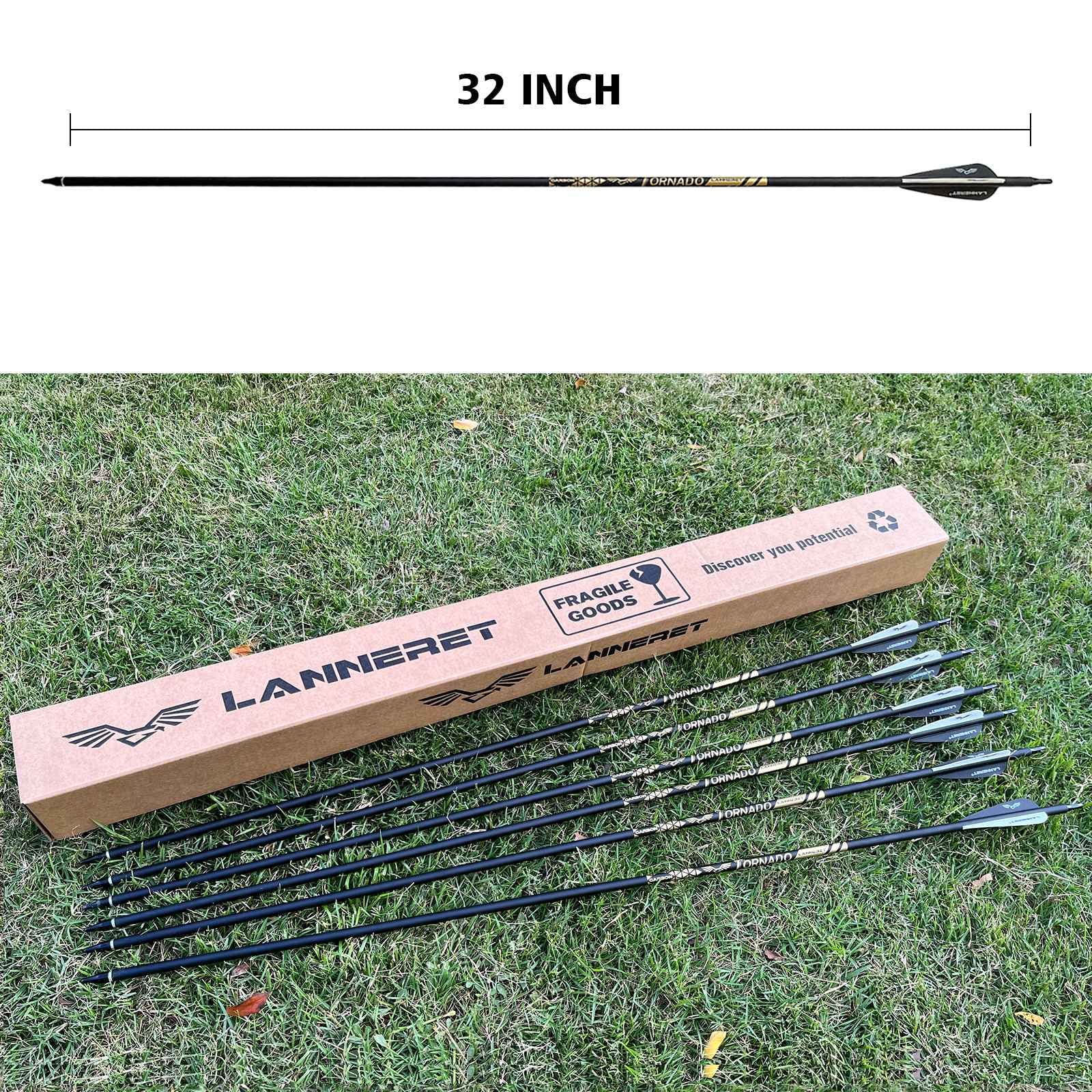 Lanneret Archery Carbon Arrows for Compound & Recurve Bows，32Inch Carbon Practice Bow Arrow with Removable for Youth Compound & Recurve Bow Target (Pack of 12) Black