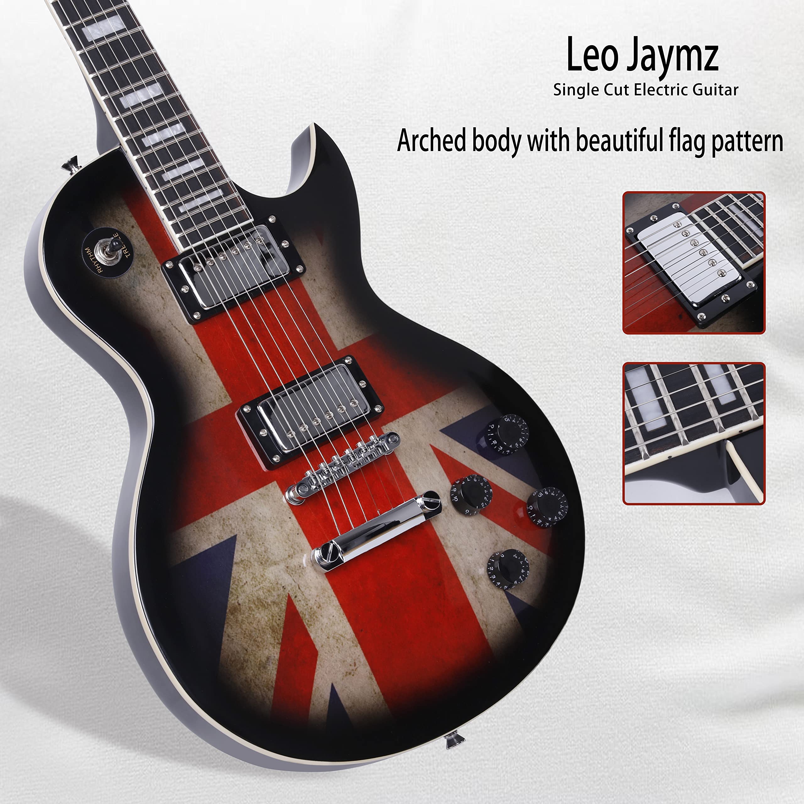 Leo Jaymz Full Size Single Cut Electric Guitar - with Amazing UK Flag Sticker on Arched Top (UK Flag)