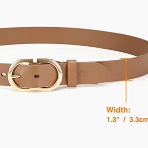 CR Womens Brown Leather Belts for Jeans Pants - 1.3" Width Casual Ladies Tan Belt - Fashion Center Bar Gold Buckle