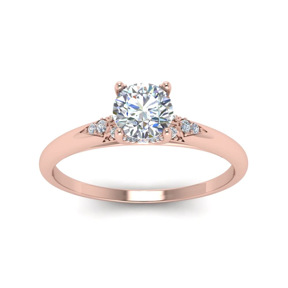 Round Cut diamond Petite Engagement Rings with White Diamond in 14K Yellow Gold rose gold plated Created Cubic Zircon Round shape White color Solitaire Engagement Rings prong setting in Size 7