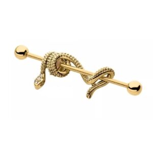 Pierced Owl 14GA 316L Stainless Steel CZ Crystal Dangling Snake Industrial Barbell (Gold Tone)