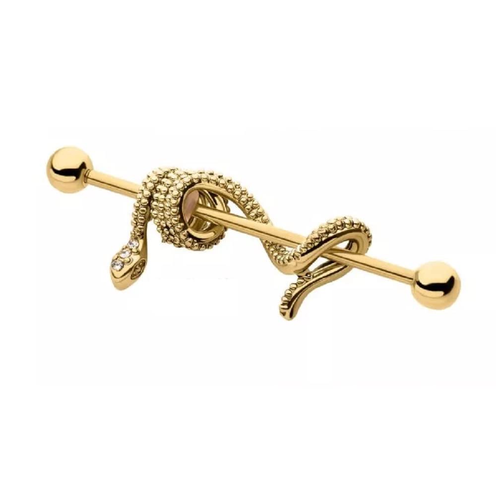 Pierced Owl 14GA 316L Stainless Steel CZ Crystal Dangling Snake Industrial Barbell (Gold Tone)