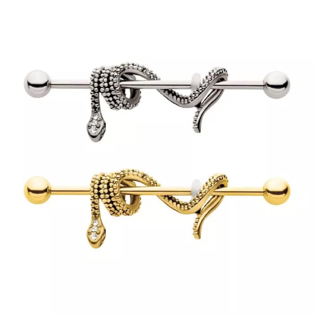 Pierced Owl 14GA 316L Stainless Steel CZ Crystal Dangling Snake Industrial Barbell (Gold Tone)