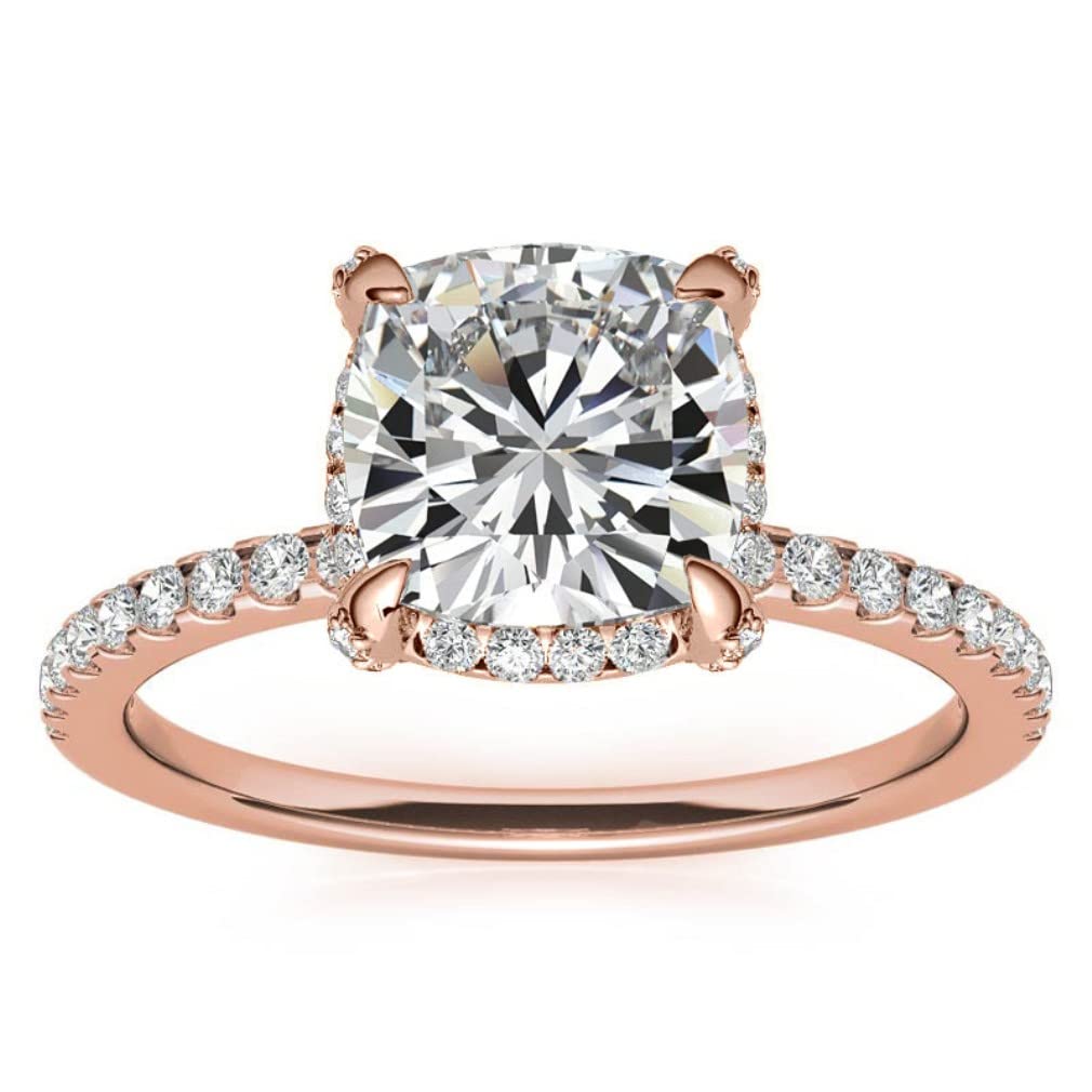 Moissanite Ring 10K Solid Rose Gold Handmade Solitaire Accents Engagement Ring 1.50 CT Cushion Cut Moissanite Diamond Halo Wedding Bridal Rings for Women Her Propose Ring (7)