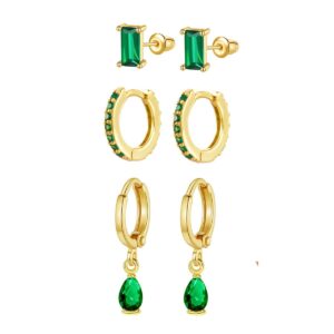 Gold Huggie Earrings for Women Emerald Green Earrings 14k Gold Cartilage Tiny Small Gold Hoop Earrings Emerald Drop Stud Earring Set Women