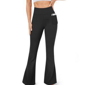 YOLIX Flare Leggings for Women with Pockets - Crossover High Waisted Black Flared Leggings for Yoga Gym Workout