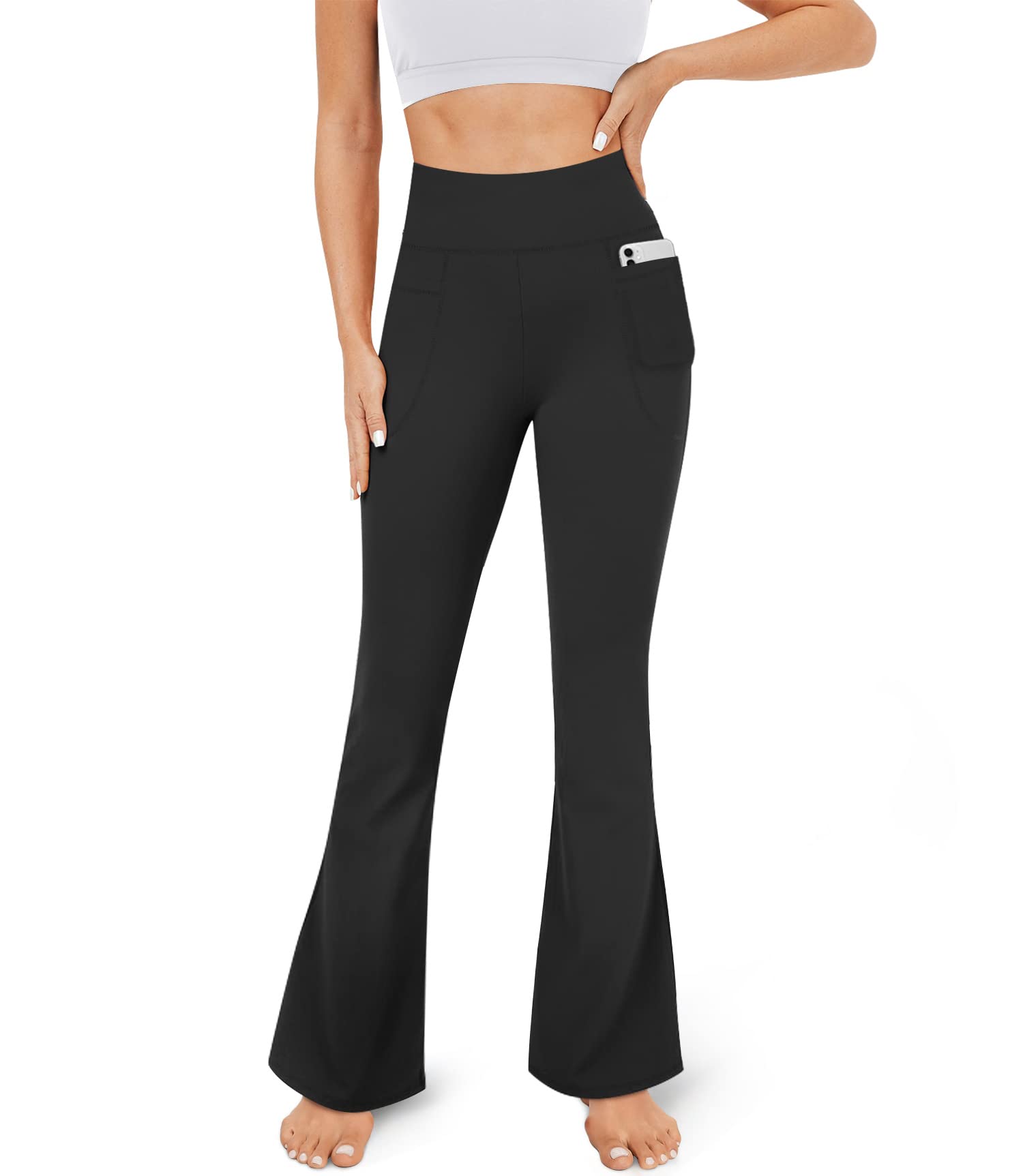 YOLIX Flare Leggings for Women with Pockets - Crossover High Waisted Black Flared Leggings for Yoga Gym Workout