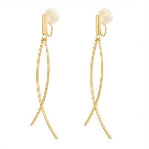 classyzint gold soft clip on earrings,2 pieces thin curved metal bar, gold plated simple long dangle earrings for women