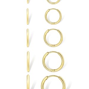 Small Gold Hoop Earrings for Women Set: 5 Pairs Lightweight 14K Gold Minimalist Huggie Hoop Earrings Cartilage Hoop Earring Helix Earring Tiny Gold Hoops for Women Men 1.6MM Thickness Hypoallergenic Earring Sets for Multiple Piercing (14K Gold - 5 Pairs(6