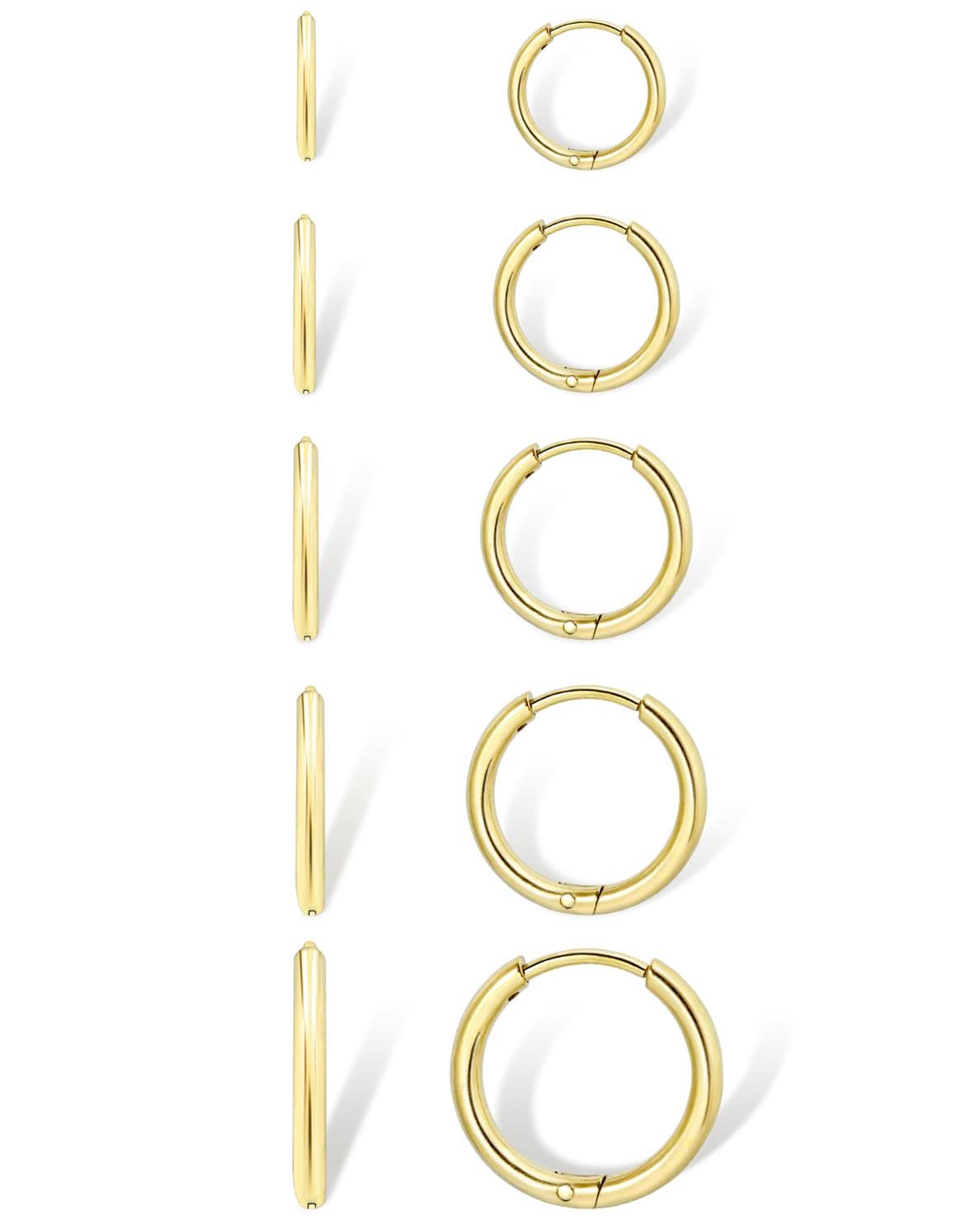 Small Gold Hoop Earrings for Women Set: 5 Pairs Lightweight 14K Gold Minimalist Huggie Hoop Earrings Cartilage Hoop Earring Helix Earring Tiny Gold Hoops for Women Men 1.6MM Thickness Hypoallergenic Earring Sets for Multiple Piercing (14K Gold - 5 Pairs(6