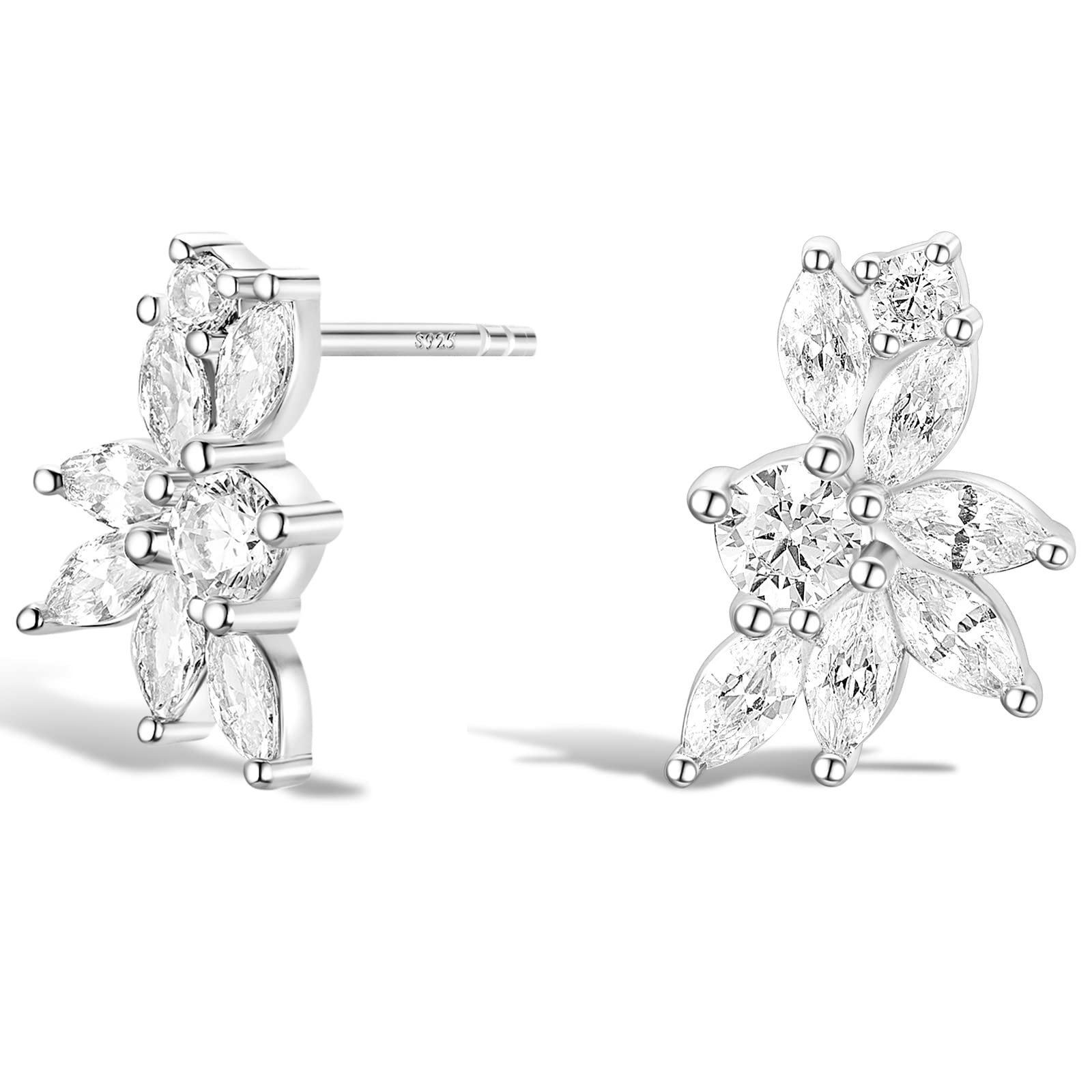 TIGRADE Stud Earrings Marquise and Round Cubic Zirconia Rhinestone Cluster Earrings 925 Sterling Silver Post Hypoallergenic for Women, Brides, Bridesmaid, Silver