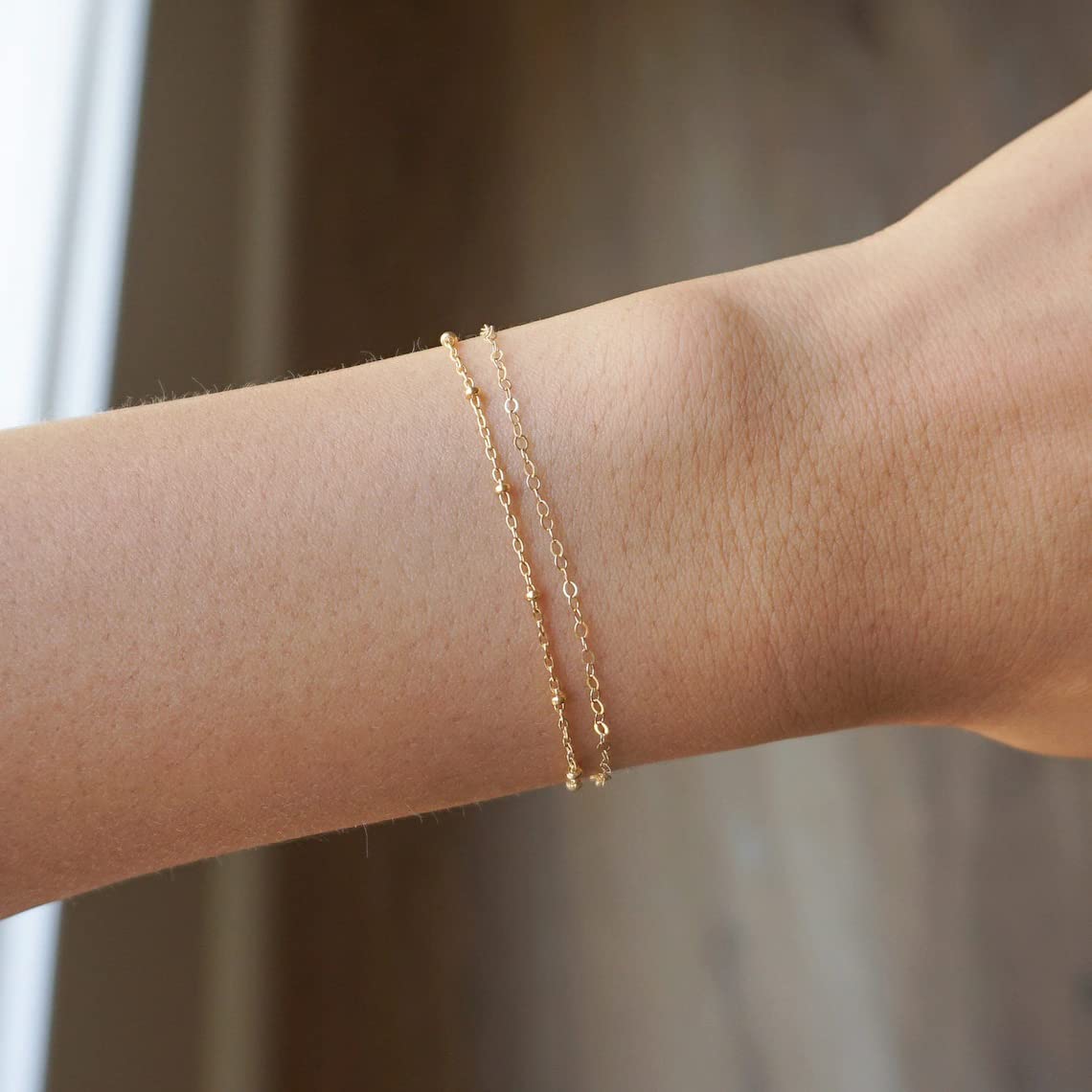 Tasiso Dainty Gold Bracelets for Women Double Layered Satellite Beades Chain Link Bracelet Layering Simple Bracelet Minimalist Handmade Jewelry Gift