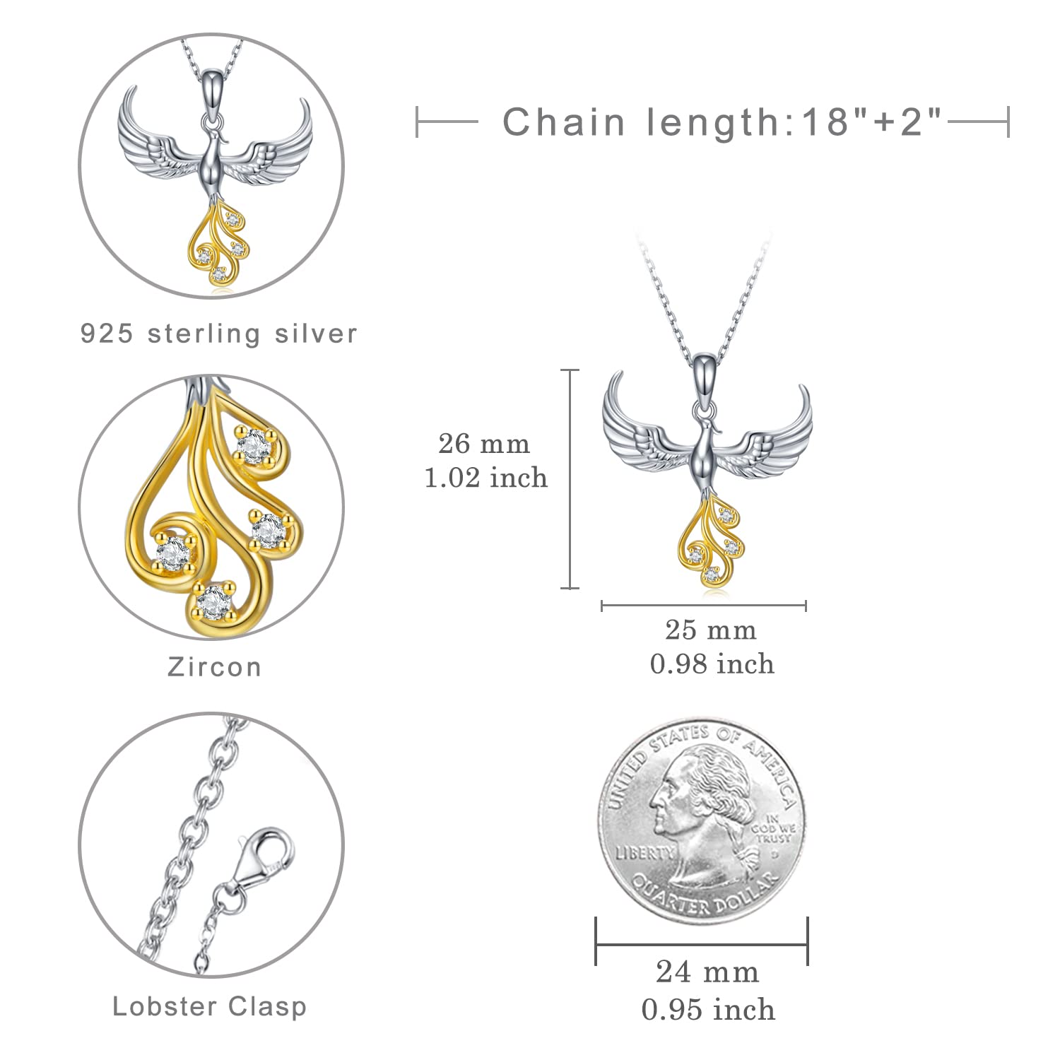 CVRAVO Phoenix Necklace 925 Sterling Silver Rising Phoenix Pendant Necklace Bird Pendant Jewelry for Women Mom Daughter