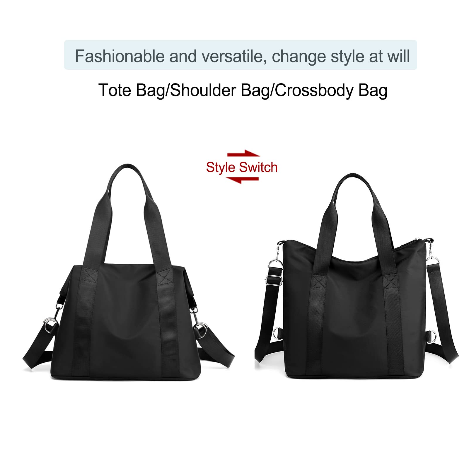 GOQUFOY Nylon Crossbody Bags for Women Work Black Shoulder Tote Bag with Zipper Pockets Compartment Waterproof Laptop Messenger Bag Satchel Women's Handbags Large Purses Travel Trendy Ladies Hobo Bags