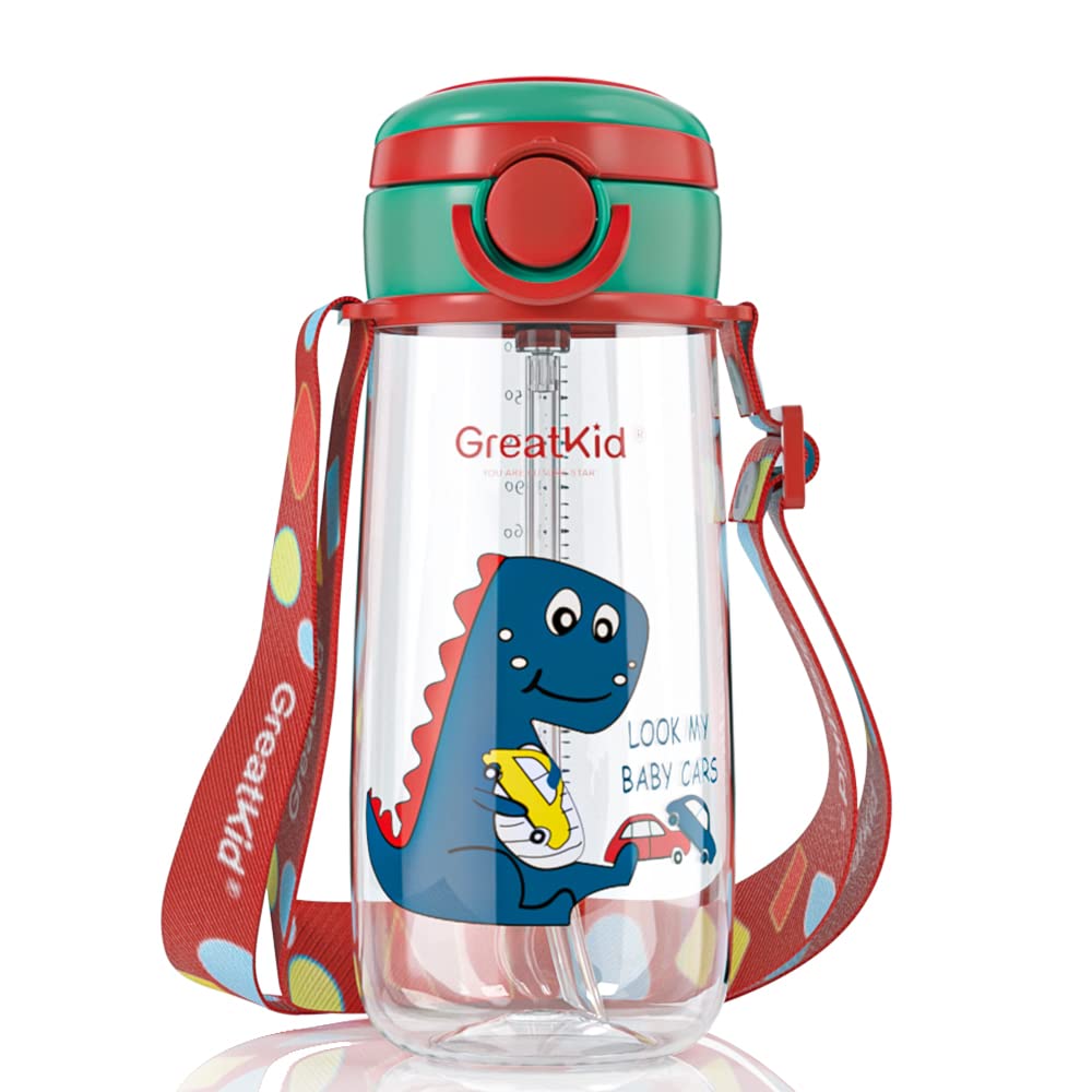 Bunnytoo Water Bottle for Active Children Over 2 Years with Soft Straw, Convenient Handle, and Spill-Proof Design 16oz (Dinosaur,Red)