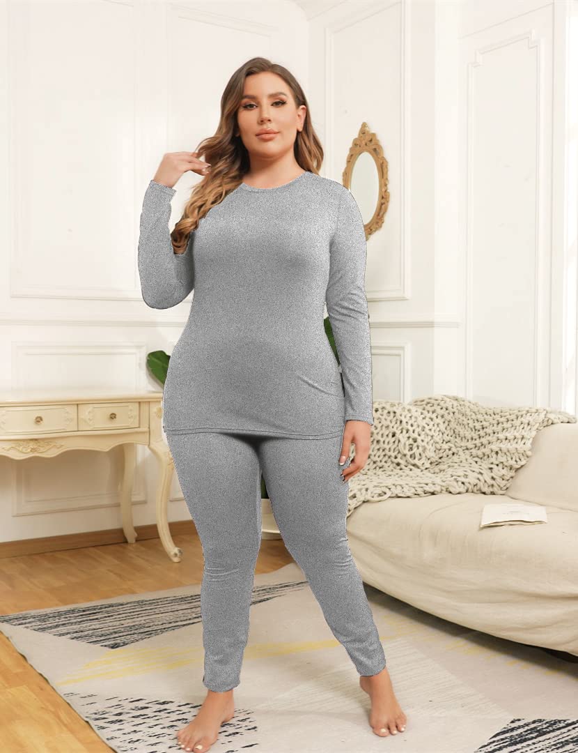 COOTRY Plus Size Thermal Underwear for Women Long Johns Fleece Lined Base Layer Sets Set - Light Gray 4XL