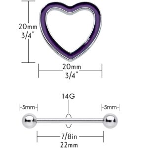 Body Candy 14G Nipple Piercing Jewelry Stainless Steel 2Pc Purple Heart Glow Barbell Nipple Shield 3/4"