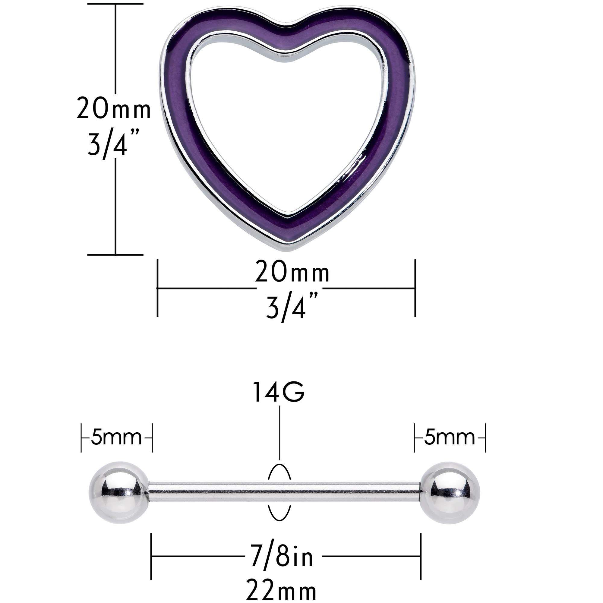 Body Candy 14G Nipple Piercing Jewelry Stainless Steel 2Pc Purple Heart Glow Barbell Nipple Shield 3/4"