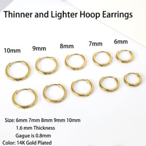 Small Gold Hoop Earrings for Women Set: 5 Pairs Lightweight 14K Gold Minimalist Huggie Hoop Earrings Cartilage Hoop Earring Helix Earring Tiny Gold Hoops for Women Men 1.6MM Thickness Hypoallergenic Earring Sets for Multiple Piercing (14K Gold - 5 Pairs(6