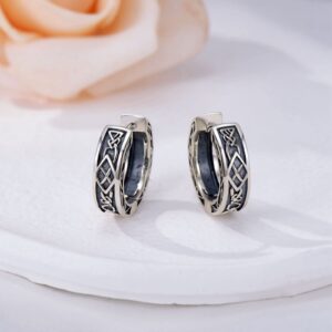 Viking Hoop Earrings 925 Sterling Silver Carving Earrings Black Vintage Hoop Earrings for Men Women