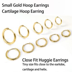 Small Gold Hoop Earrings for Women Set: 5 Pairs Lightweight 14K Gold Minimalist Huggie Hoop Earrings Cartilage Hoop Earring Helix Earring Tiny Gold Hoops for Women Men 1.6MM Thickness Hypoallergenic Earring Sets for Multiple Piercing (14K Gold - 5 Pairs(6