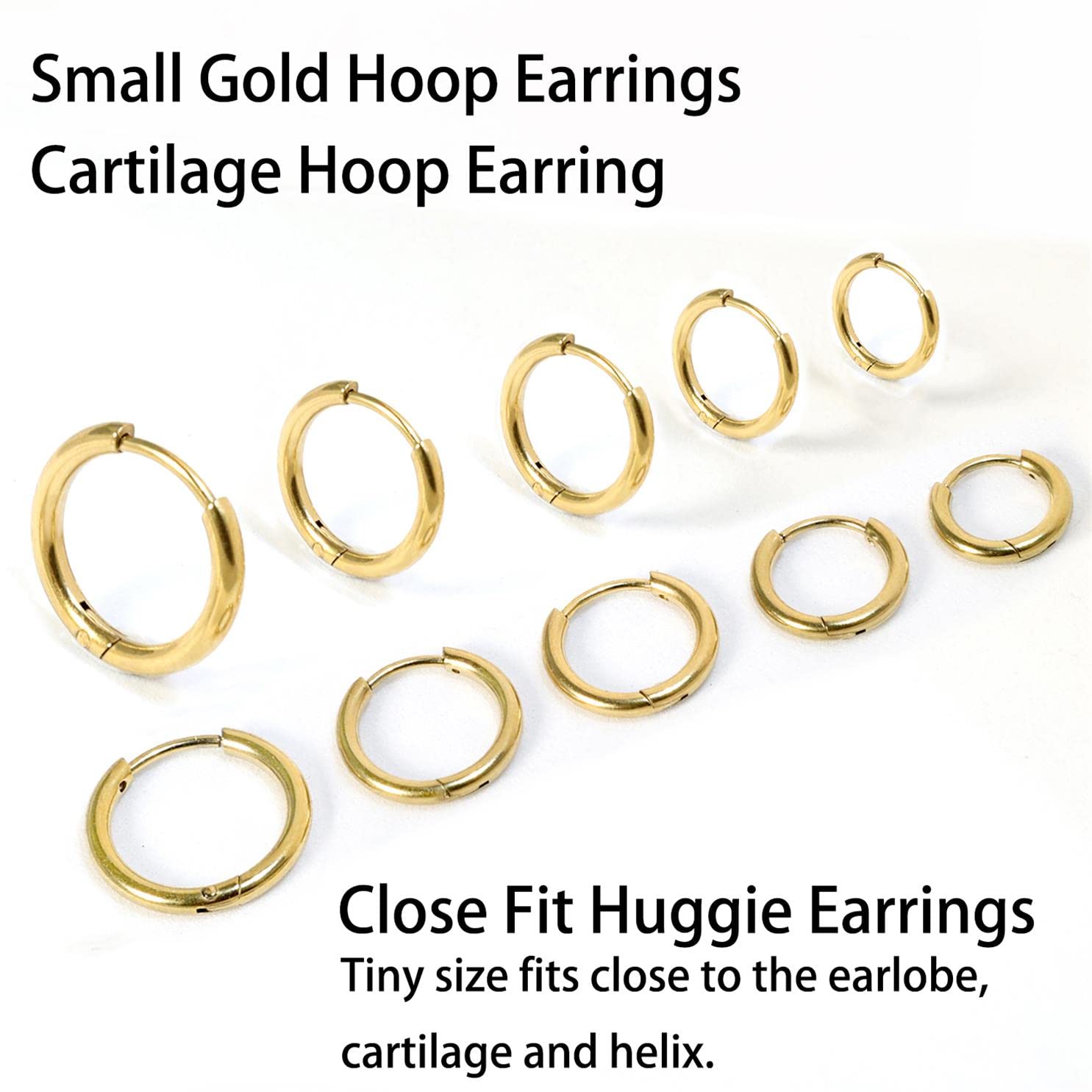 Small Gold Hoop Earrings for Women Set: 5 Pairs Lightweight 14K Gold Minimalist Huggie Hoop Earrings Cartilage Hoop Earring Helix Earring Tiny Gold Hoops for Women Men 1.6MM Thickness Hypoallergenic Earring Sets for Multiple Piercing (14K Gold - 5 Pairs(6