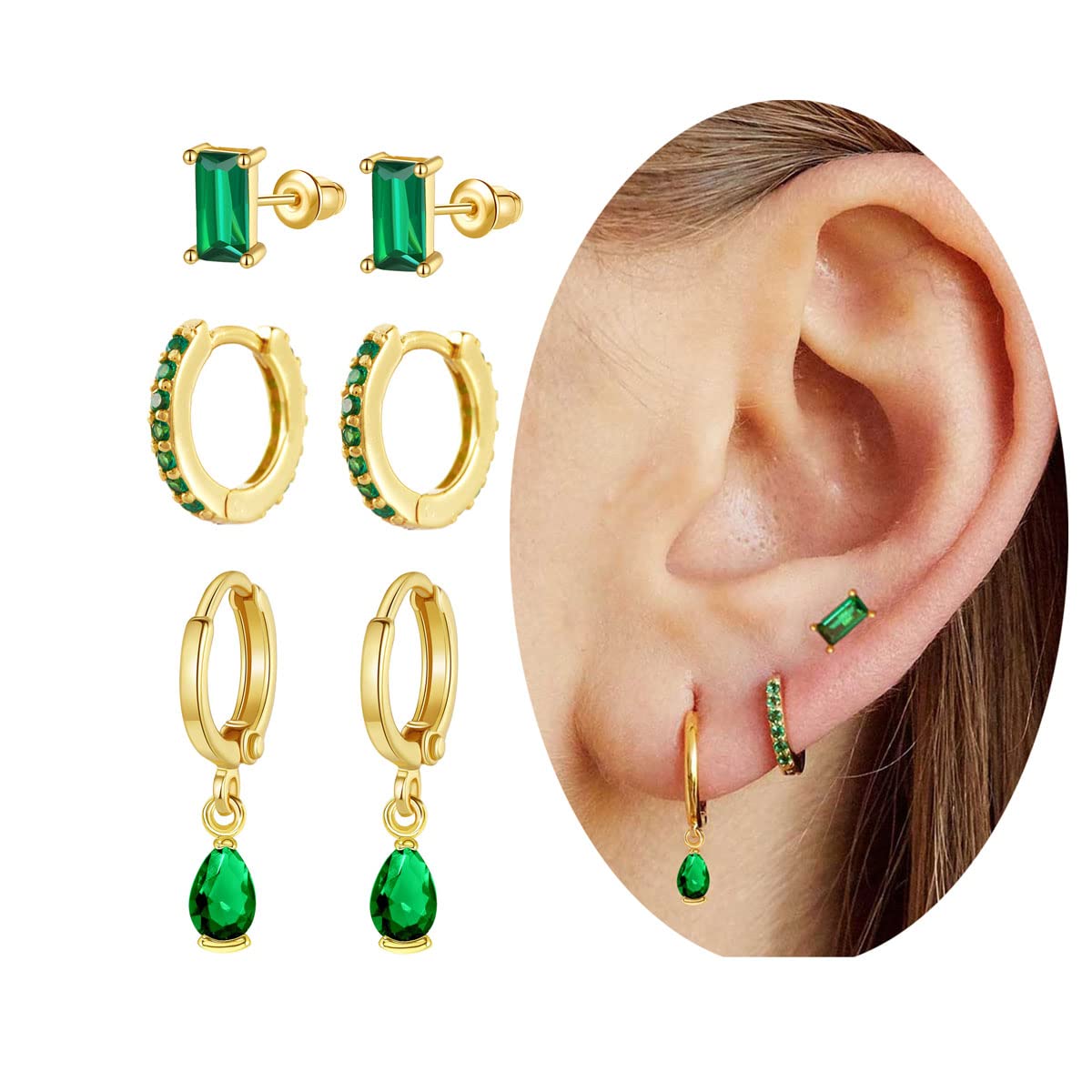 Gold Huggie Earrings for Women Emerald Green Earrings 14k Gold Cartilage Tiny Small Gold Hoop Earrings Emerald Drop Stud Earring Set Women