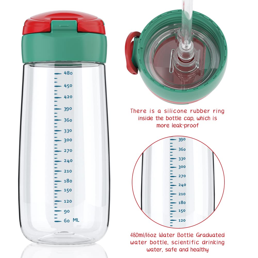 Bunnytoo Water Bottle for Active Children Over 2 Years with Soft Straw, Convenient Handle, and Spill-Proof Design 16oz (Dinosaur,Red)