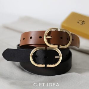 CR Womens Brown Leather Belts for Jeans Pants - 1.3" Width Casual Ladies Tan Belt - Fashion Center Bar Gold Buckle