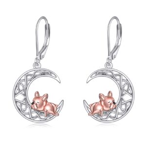 VONALA French Bulldog Dangle Earrings 925 Sterling Silver Celtic Knot Moon Leverback Earrings Dog Jewelry Birthday Gifts for Women