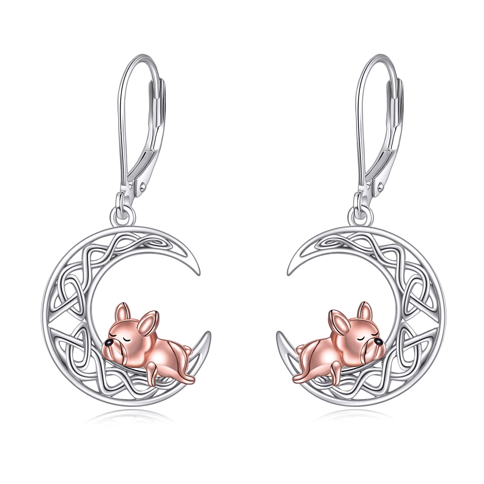 VONALA French Bulldog Dangle Earrings 925 Sterling Silver Celtic Knot Moon Leverback Earrings Dog Jewelry Birthday Gifts for Women