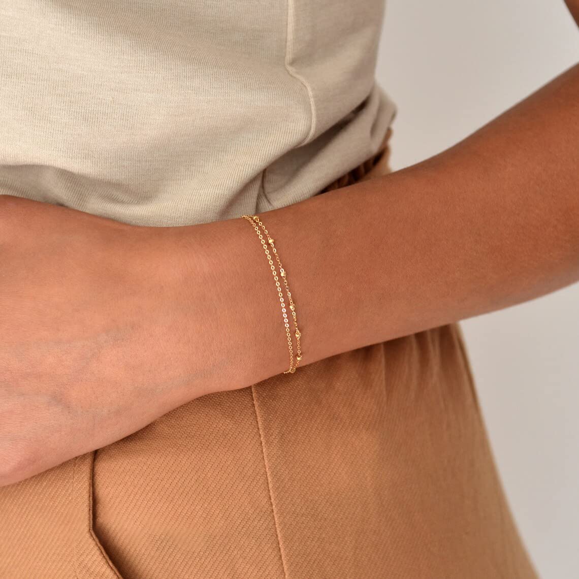 Tasiso Dainty Gold Bracelets for Women Double Layered Satellite Beades Chain Link Bracelet Layering Simple Bracelet Minimalist Handmade Jewelry Gift