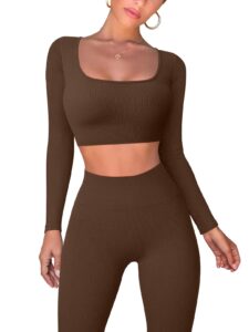 oqq workout outfits for women 2 piece ribbed exercise long sleeve tops high waist leggings active yoga set coffee