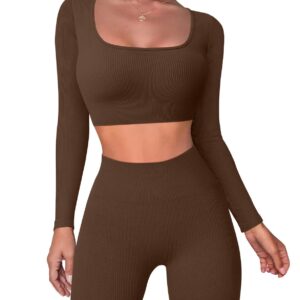 OQQ Workout Outfits for Women 2 Piece Ribbed Exercise Long Sleeve Tops High Waist Leggings Active Yoga Set Coffee