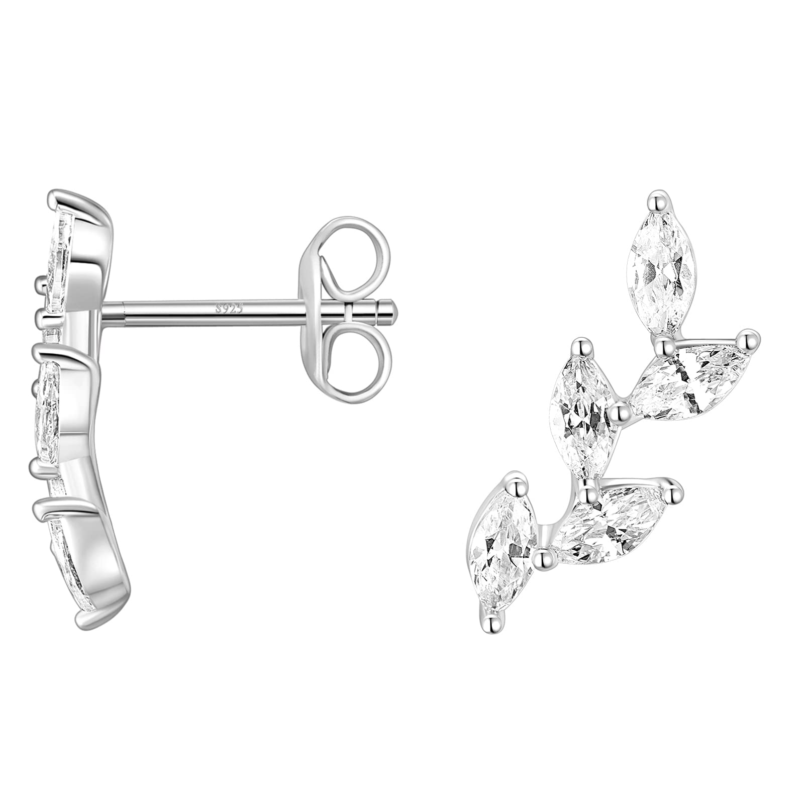 TIGRADE Stud Earrings Marquise Cubic Zirconia Rhinestone Crawler Style Wedding Earrings 925 Sterling Silver Post Hypoallergenic for Women, Brides, Bridesmaid, Silver