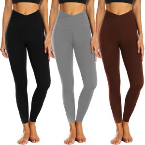 new young 3 pack crossover leggings for women,tummy control high waisted workout yoga pants black leggings running tights