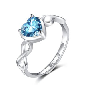 Shysnow Aquamarine Birthstone March Ring for Women Infinity Promise Ring 925 Sterling Silver Adjustable Open Light Blue Heart Cubic Zirconia Dainty Simulated Gemstone Wedding Rings for Mothers