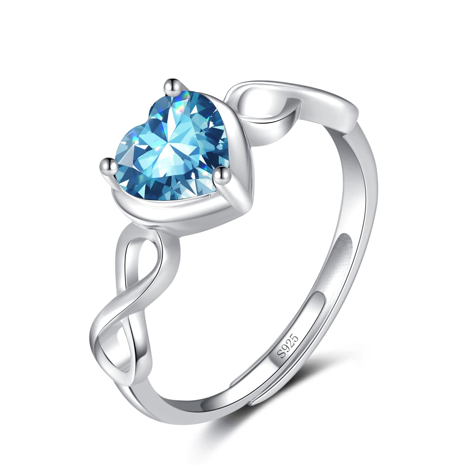 Shysnow Aquamarine Birthstone March Ring for Women Infinity Promise Ring 925 Sterling Silver Adjustable Open Light Blue Heart Cubic Zirconia Dainty Simulated Gemstone Wedding Rings for Mothers