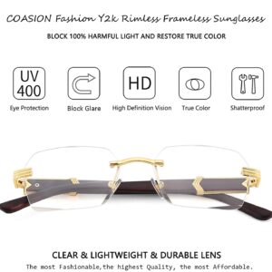 COASION Fashion Rimless Frameless Sunglasses for Women Men Y2k Retro Sun Glasses Square Tinted Glasses (Gold/Transparent)