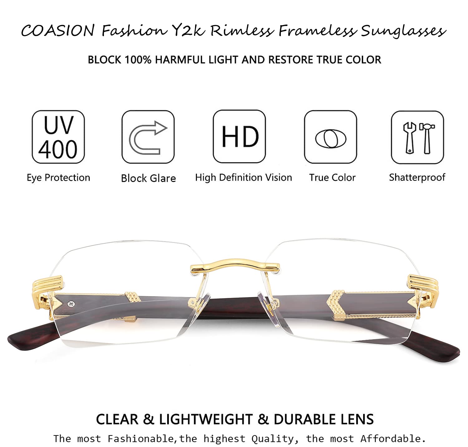 COASION Fashion Rimless Frameless Sunglasses for Women Men Y2k Retro Sun Glasses Square Tinted Glasses (Gold/Transparent)